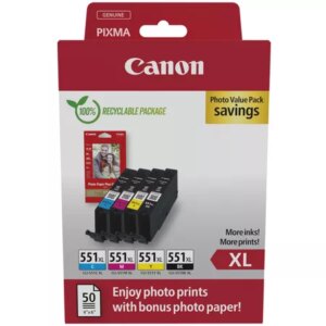 Canon CLI551XL Pack de 4 Cartuchos de Tinta Originales + 50 Hojas de Papel Fotografico - 6443B008/6443B006